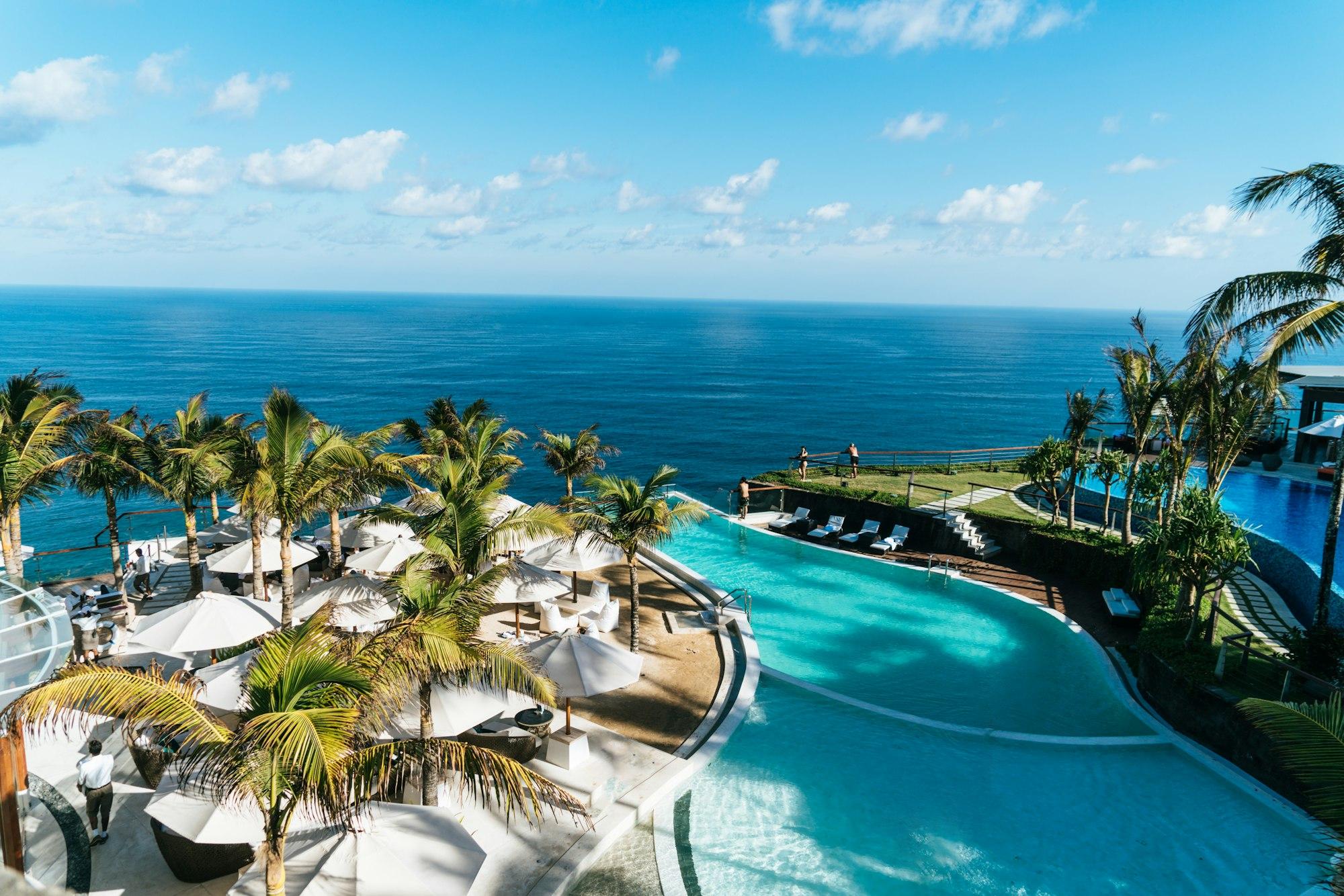 A curved infinity pool with palm trees and the ocean behind it